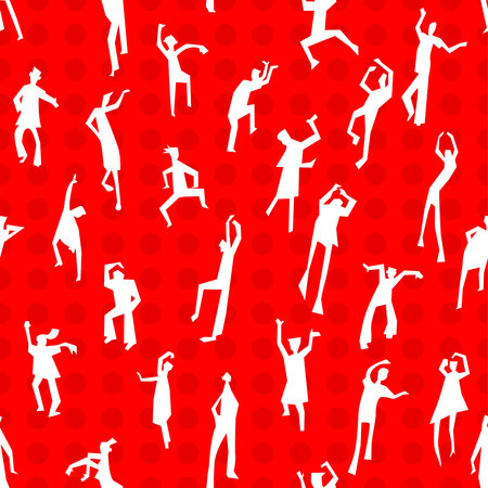 Dancing people semless pattern. People figures in motion. Cute background with  silhouettes of moving person. Vector illustration in simple artistic style. Design for nightclub and party invitationのイラスト素材