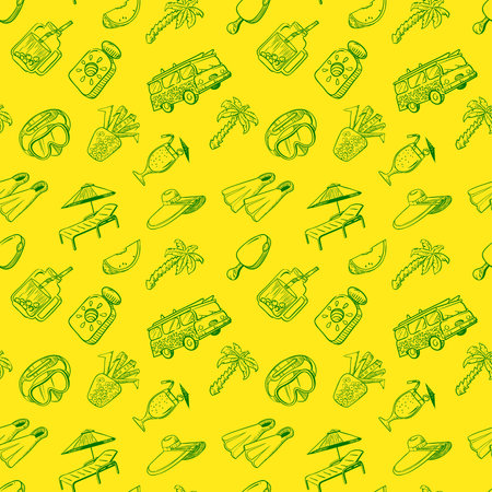Summer vacations seamless pattern. Beach rest background with cocktails and fruits, sport equipment,...