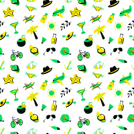 Background with summer and beach objects. Seamless pattern with summer flowers, bike, tropical...