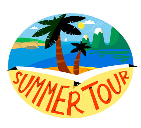 Summer beach vector background. Tropical landscape with ocean, mountains and palms. Round sticker. Summer tour lettering. Design for summer holidays and vacations.のイラスト素材