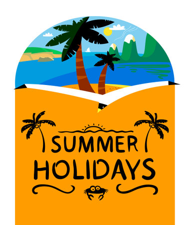 Summer beach vector background. Tropical landscape with ocean, mountains and palms. Summer holidays lettering. Design for summer holidays and vacations.のイラスト素材