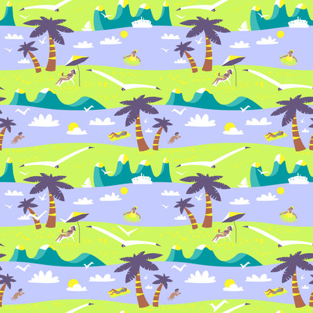 Summer beach seamless pattern. Tropical background with beach activity cute people in cartoon style. Idyllic sea landscape with mountains and palms. Vector illustration with seagullsのイラスト素材