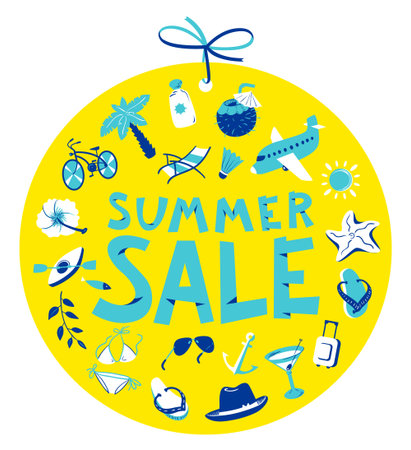 Summer sale lettering. Shopping tag with round composition with summer and beach objects. Minimalistic vector illustration with plane, bike, kayak, beach cocktails, palm. Yellow and blue colors.のイラスト素材