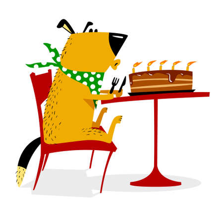 Happy Birthday card for dog. Joyful Dog sits at a table in front of a cake and blows on candles. Cute cartoon ilustrationのイラスト素材