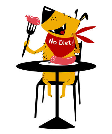 Eating dog. A cheerful dog sits at a table and eats sausage with a fork. Cartoon vector illustration with cute pet. No Diet letteringのイラスト素材