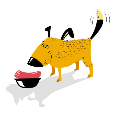 Natural food for dog. A cheerful dog is standing in front of a bowl of sausage. Cute cartoon vector illustrationのイラスト素材