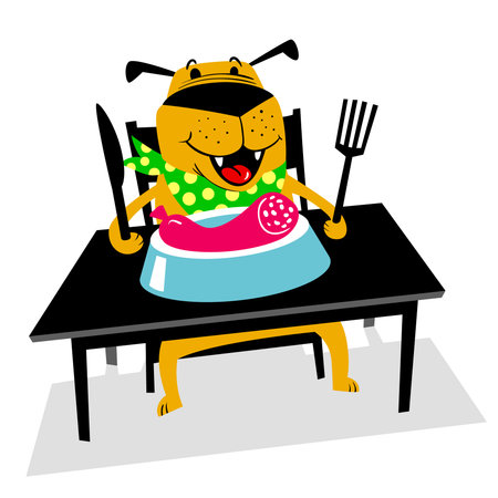 Eating dog. A cheerful dog sits at a table and eats sausage with a fork. Cartoon vector illustration with cute smiling dog.のイラスト素材