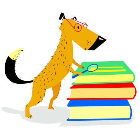 Smart dog with glasses reading books. Cute dog is learning. Vector illustration in cartoon styleのイラスト素材