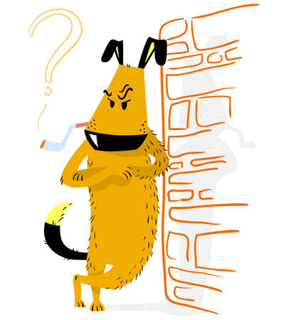 Angry dog. Thinking funny dog standing and asking a question. Crossed arms and leans against the wall. Vector illustration with smoking animalのイラスト素材