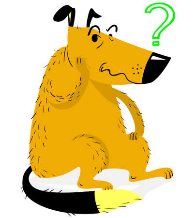 Thinking dog. Thinking funny dog sitting and asking a question. Vector illustration with cartoon confused pet.のイラスト素材