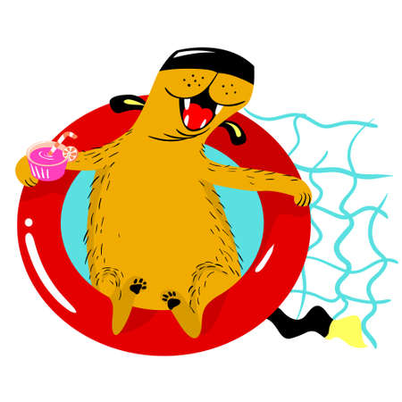 Dog resting in the pool. Cute pet with a cocktail in his paws on a swimming circle in a pond. Dog like human. Vector illustration in cartoon style with funny characterのイラスト素材