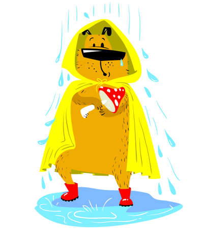 Fall season dog character. Cute pet under the rain with raincoat and boots and mushroom. Vector cartoon dog for seasonal illustrationsのイラスト素材