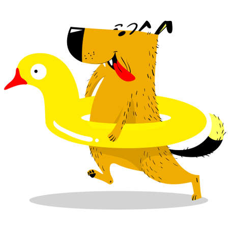 Cute dog in a swimming circle in the form of a duck. Dog like human. Dog on vacation near the water. Vector illustration with cartoon styleのイラスト素材