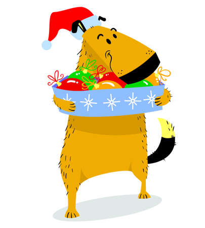 Christmas dog character. Cute pet in santa's hat with box of bright decoration balls. Cartoon vector illustration with doggy with winter seasonal objectsのイラスト素材
