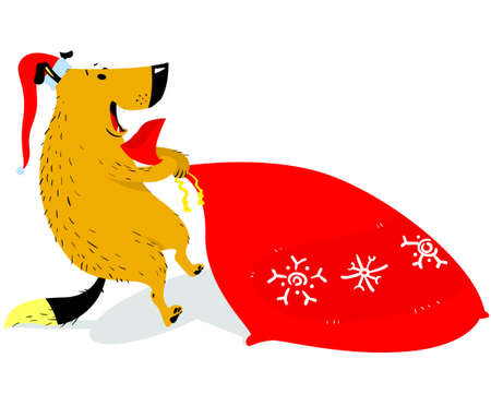Christmas dog character in santa's hat. The dog is dragging a santa's bag with gifts. Cartoon vector illustration with cute pet in seasonal costumeのイラスト素材