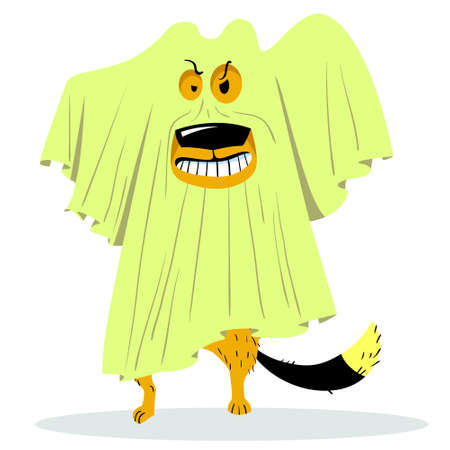 Halloween dog character in ghost costume. Dog under the sheet in the form of a ghost. Cartoon vector illustration with funny spookのイラスト素材