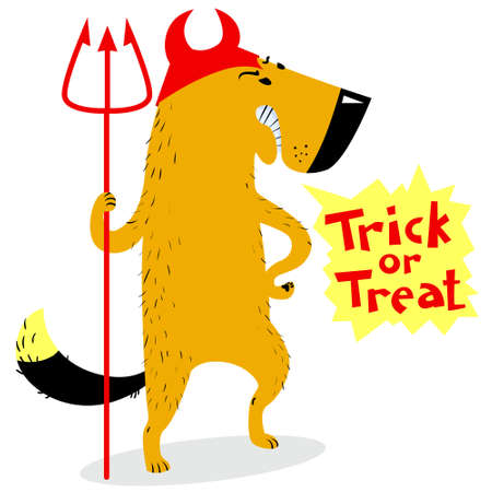 Halloween dog character in costume of devil with horns and trident. Cute pet in fansy dress of evil demon. Cartoon autumn seasonal vector illustrationのイラスト素材