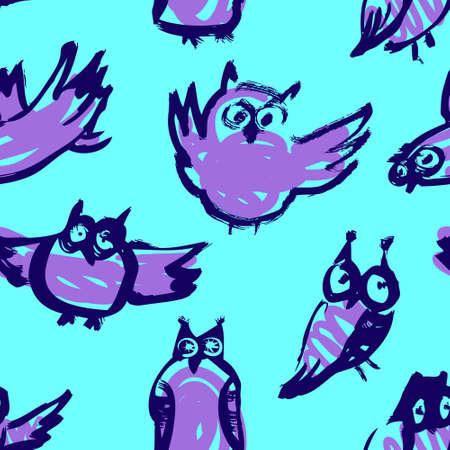 Background with sketchy owls. Seamless pattern with doodle owls. Vector ink illustration with birds in blue colors and children's styleのイラスト素材