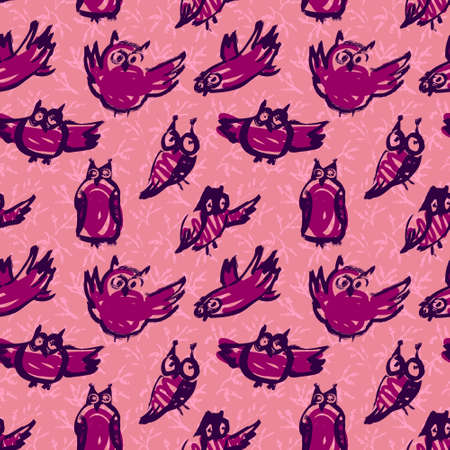 Background with sketchy owls. Seamless pattern with doodle owls. Vector ink illustration with birds in blue colors and children's styleのイラスト素材