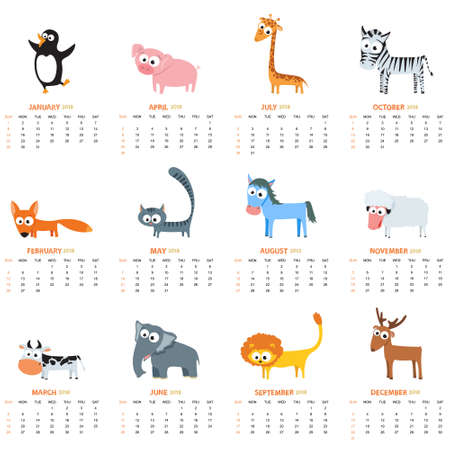 Monthly calendar 2018 with cute animals - pinguin, fox, zebra, elephant, sheep, deer, cow, cat, horse. Vector illustration for planner design, cards, printing, wallpaperのイラスト素材