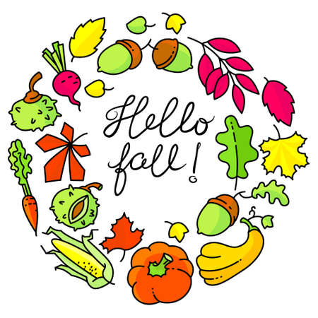 Autumn wreath with bright leaves. Fall season frame with vegetables. Crop objects. Vector illustration with pumpkin, carrot, corn, chestnut and acorn. Hello autumn letteringのイラスト素材