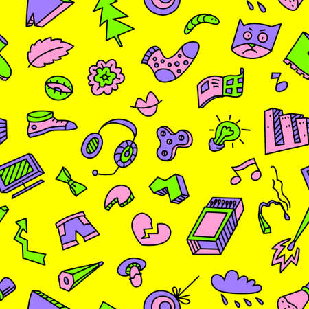 Abstract seamless pattern with many items. Background with different objects. Vector illustration in doodle styleのイラスト素材