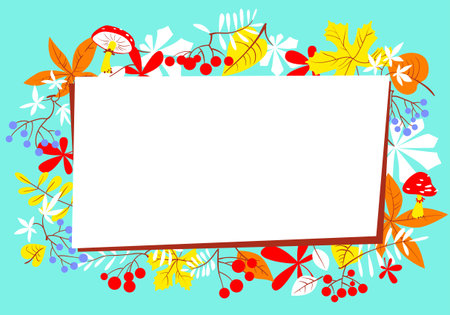 Vector autumn background. Fall frame illustration with leaves, berries and mushrooms.のイラスト素材