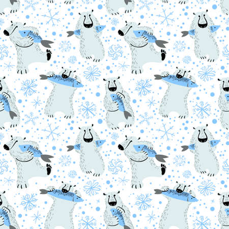 Polar bears seamless pattern with fish and snowflakes. Cute background wild antarctic and arctic animals. Vector illustration for winter seasonal and christmas design elements.のイラスト素材