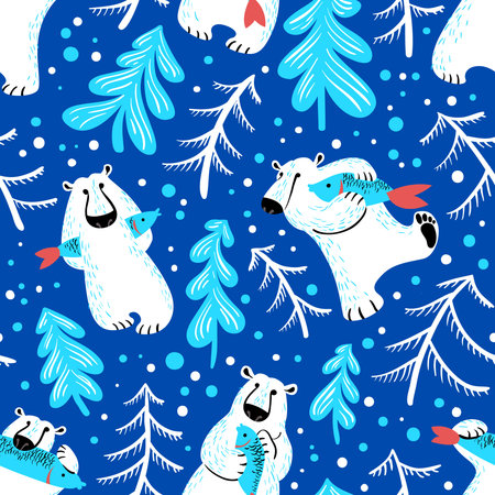 Polar bears seamless pattern with fish and fur trees. Cute background wild antarctic and arctic animals. Vector illustration for winter seasonal and christmas design elements.のイラスト素材