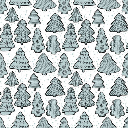 Cute Christmas  seamless pattern with Christmas tree and decorations. Hand drawn line art illustration for winter seasonal backgrounds, packaging, textile, wrapping and backdrops.のイラスト素材