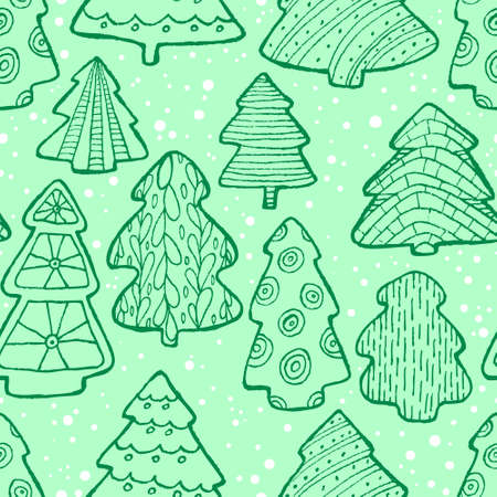 Cute Christmas  seamless pattern with Christmas tree and decorations. Hand drawn line art illustration for winter seasonal backgrounds, packaging, textile, wrapping and backdrops.のイラスト素材