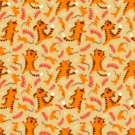 Cat and mouse seamless pattern. Floral background with cute animals. Vector illustration for backdrops, textile, wrapping with kitty and ratsのイラスト素材