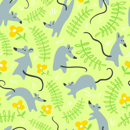 Seamless pattern with mouses. Background with cute rats in the grass. Floral vector illustration with animals for wallpapers, backdrops, textile in minimalistic flat styleのイラスト素材