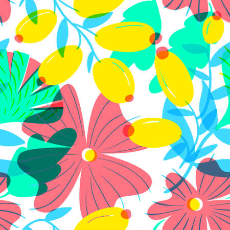Floral seamless pattern with transparency elements. Background with abstract bright flowers. Illustration for summer and spring textile, wrapping, fabric.のイラスト素材