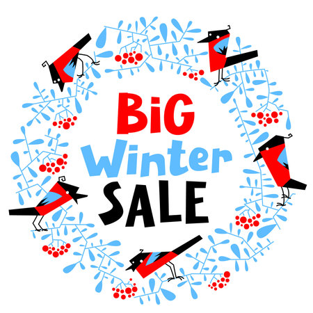 Decorative christmas wreath with rowan branches and birds for holiday designs.のイラスト素材