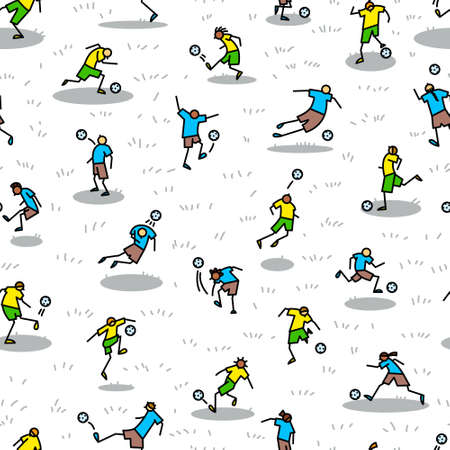 Background with soccer players with ball . Seamless pattern of minimalistic doodle sportsmen in action. Vector illustration with football team on competition のイラスト素材