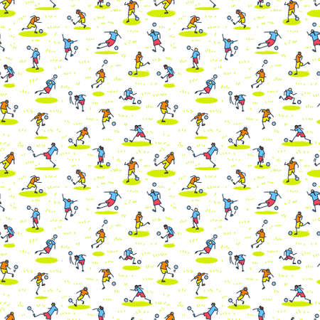 Background with soccer players with ball . Seamless pattern of minimalistic doodle sportsmen in action.のイラスト素材