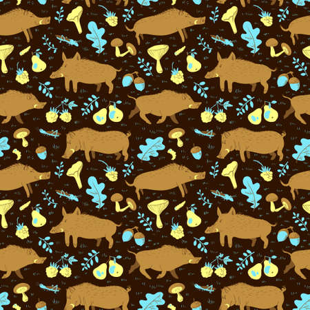 Seamless pattern with cute boars. Background with wild pigs and forest plants and fruits. Vector illustration with natural objects and forest inhabitants. Colorful design element for fabric, textile, backdropsのイラスト素材