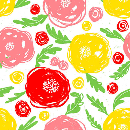 Cute floral seamless pattern. Background with hand drawn flowers and plants. Colorful vector illustration for surface design, textile and fasion prints with blossom and leaves.のイラスト素材