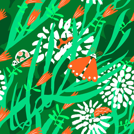 Floral seamless pattern with bugs, beetles, ladybirds, butterflies. Background in decorative hand...