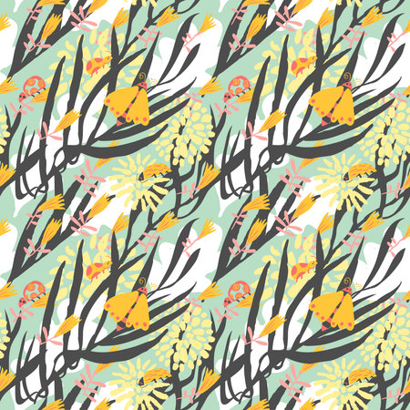 Floral seamless pattern with bugs, beetles, ladybirds, butterflies. Background in decorative hand...