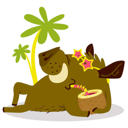 Cute boars or warthog character on relax in tropicat paradise. Vector illustration with wild pig with cocktail. Icon in cartoon flat style. Summer season theme. Chinese horoscope personageのイラスト素材