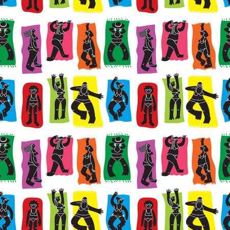 Background with summer beach girls. Seamless pattern with cute doodle woman character sunbathing....