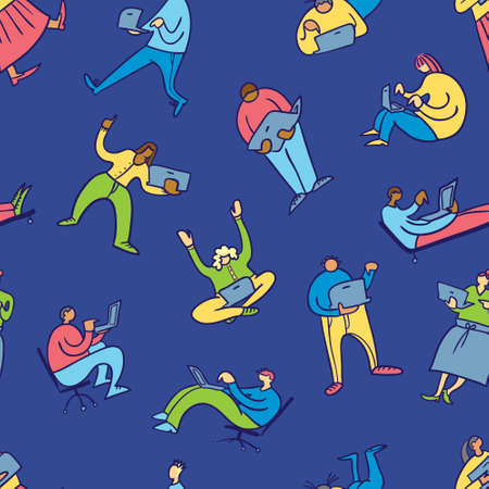 Background with man and woman working on mobile wireless laptop. Seamless pattern with people with pc in action. Vector illustration in sketchy doodle styleのイラスト素材