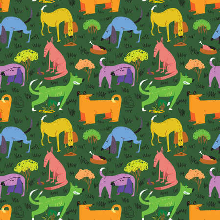 Seamless pattern with dogs. Vector illustration with cute cartoon pets . Colorful funny animal characters in childlike style. Collection with cheerful dogs for backgrounds, textile, wrapping paper, surfacesのイラスト素材