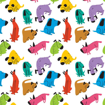 Cute dogs seamless pattern. Background with pets character in doodle simple style. Vector illustration for fabric, textile, wrapping, other surfacesのイラスト素材