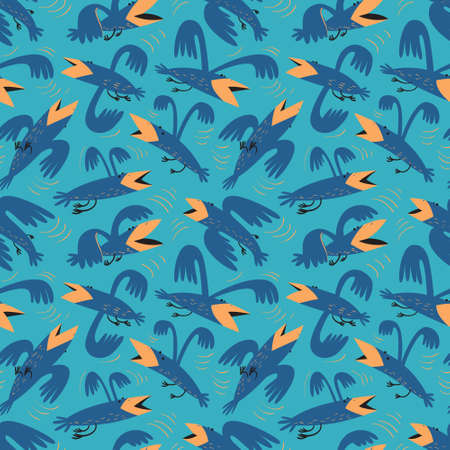 Funny birds seamless pattern.Background with flying isolated crown characters. Vector illustration in cartoon style for surface design, wrapping paper, fabric and textileのイラスト素材