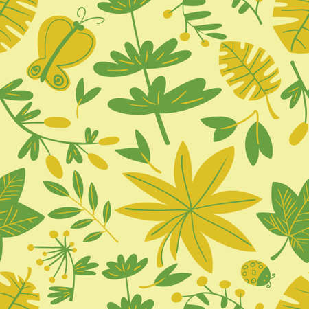 Cute floral seamless pattern. Background with leaves and plants and butterflies. Colorful vector illustration for surface design, textile and fashion prints with bugs and leaves.のイラスト素材