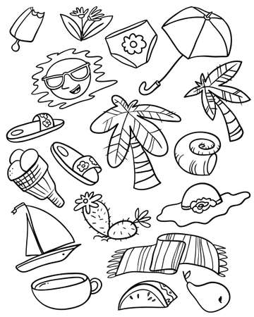 Summer objects set. Beach collection with palms and fruits. Vector illustration in doodle line art style.のイラスト素材