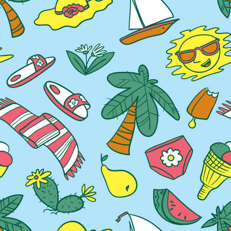 Summer objects seamless pattern. Beach background with palms and fruits. Vector illustration in doodle line art style for surface design, seasonal wallpapers, fabric, textileのイラスト素材